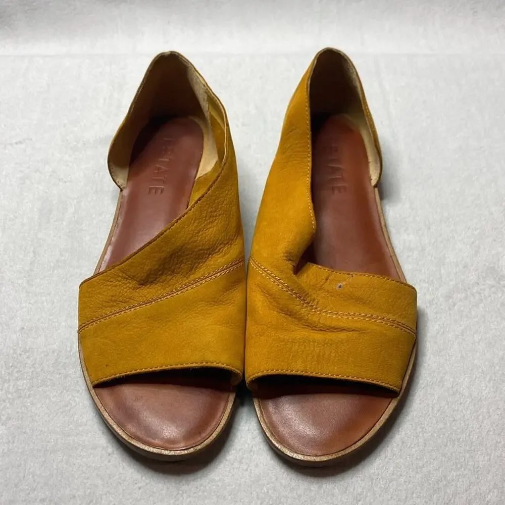 1. State mustard yellow nubuck leather suede open flat sandals Size 9